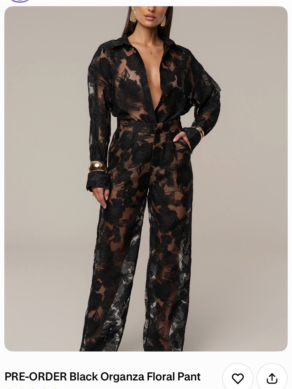 JLUXLABEL Black Sheer Organza Floral Wide-Leg pant & Top